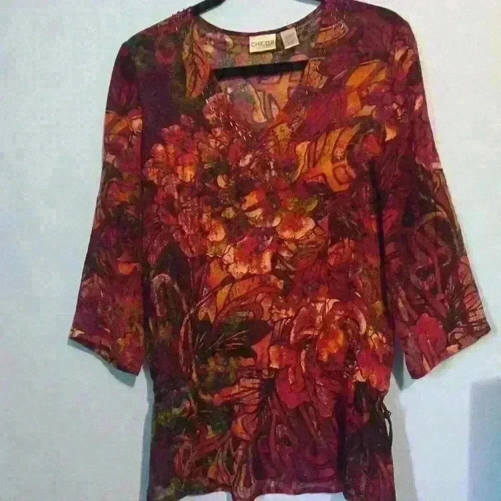 Chicos multicolor jewel embellished 100% silk size 0 front tie sheer lightweight
